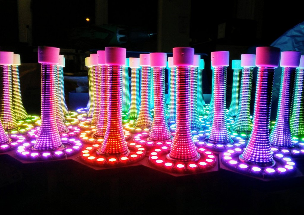 A set of springs lit by bright LEDs. 